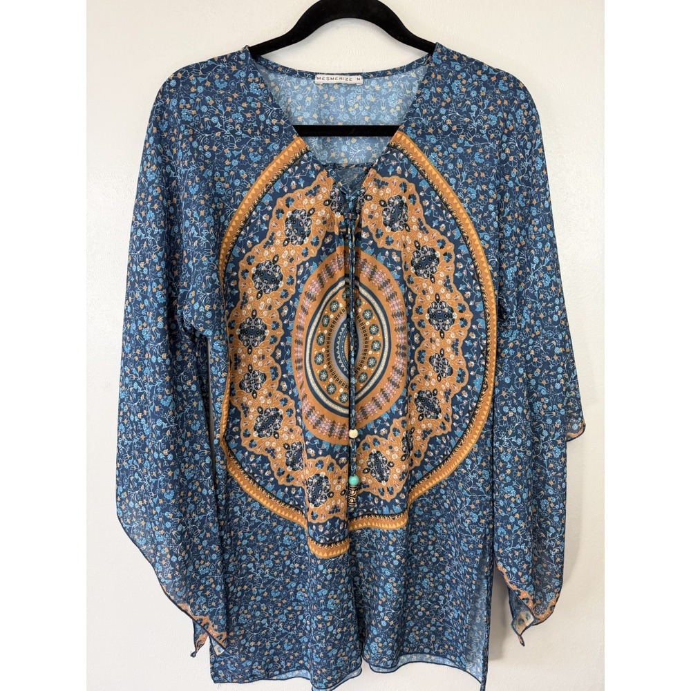 Boho Teal Hippie Blouse W Draped Sleeves And Multicolor Design Size M